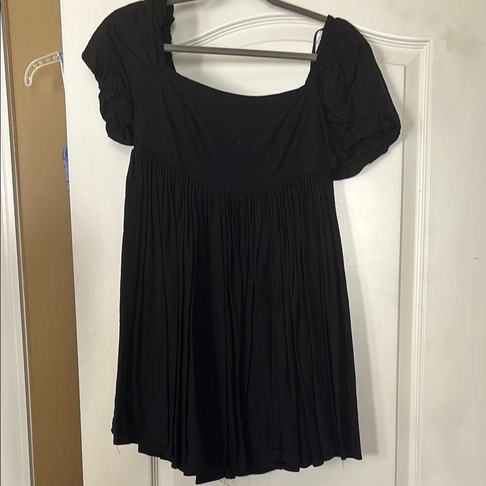 Black Puff Sleeve Mini Dress with Pleated Details